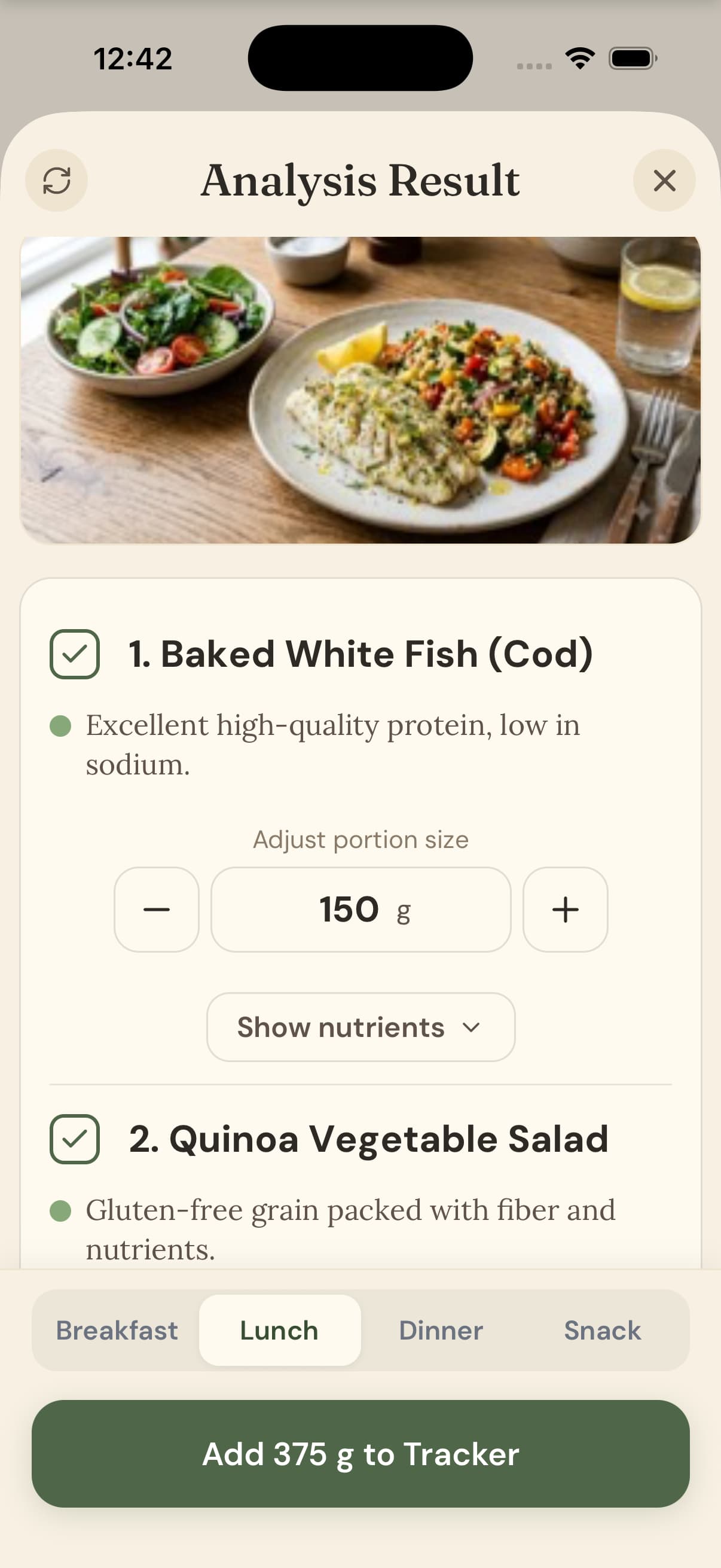 renalee splitting a photographed lunch into separate dishes, each with an editable portion, ready to add to the day